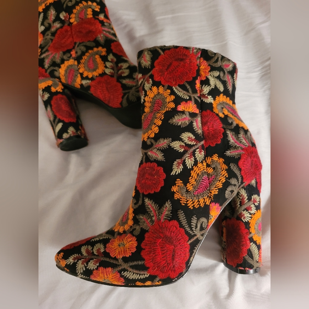 Just Fab Embroidered Black, Red, and Orange, Ankle Boots
